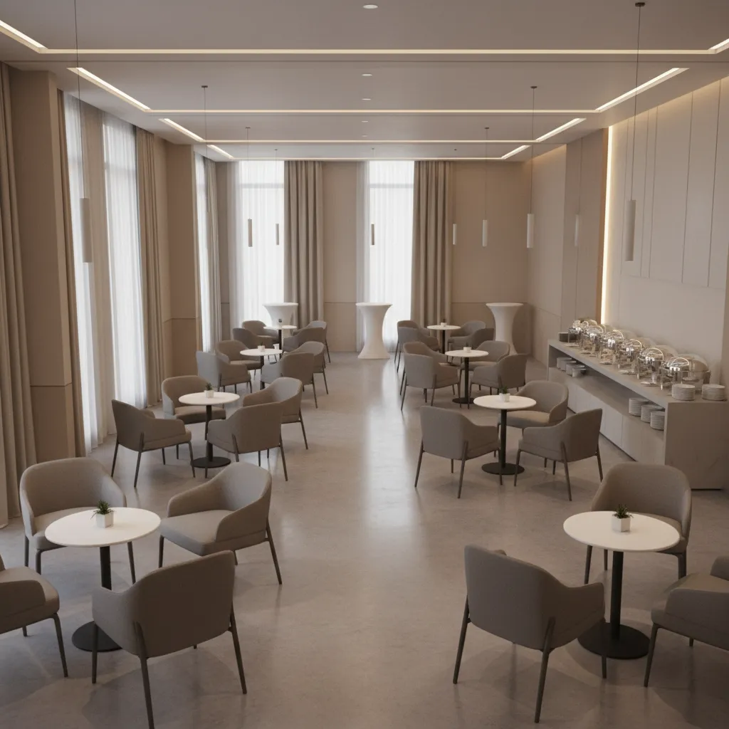 medium size party room layout with seating clusters and open circulation space