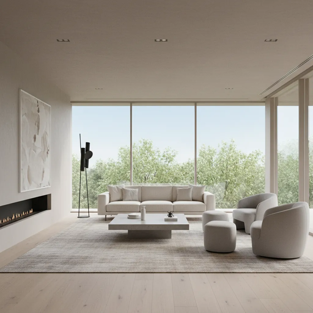 Medium rectangular living room with floating sofa layout and balanced seating