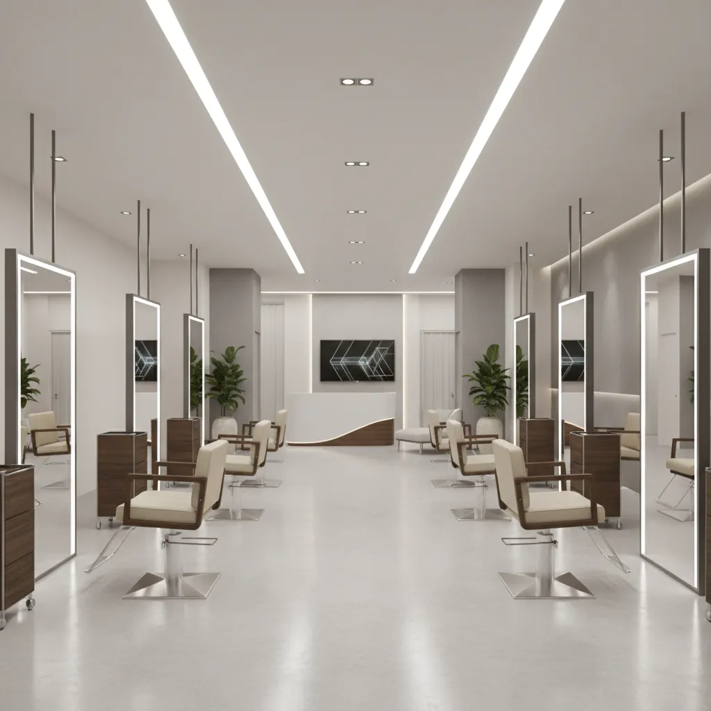 overview of a modern medium size hair salon interior with styling stations