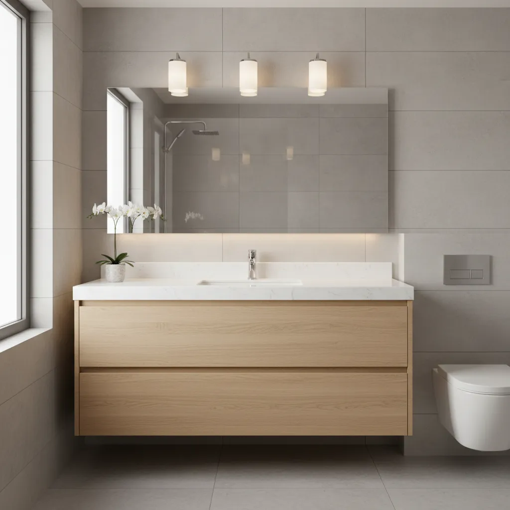 Medium bathroom vanity with three evenly spaced vanity lights above mirror