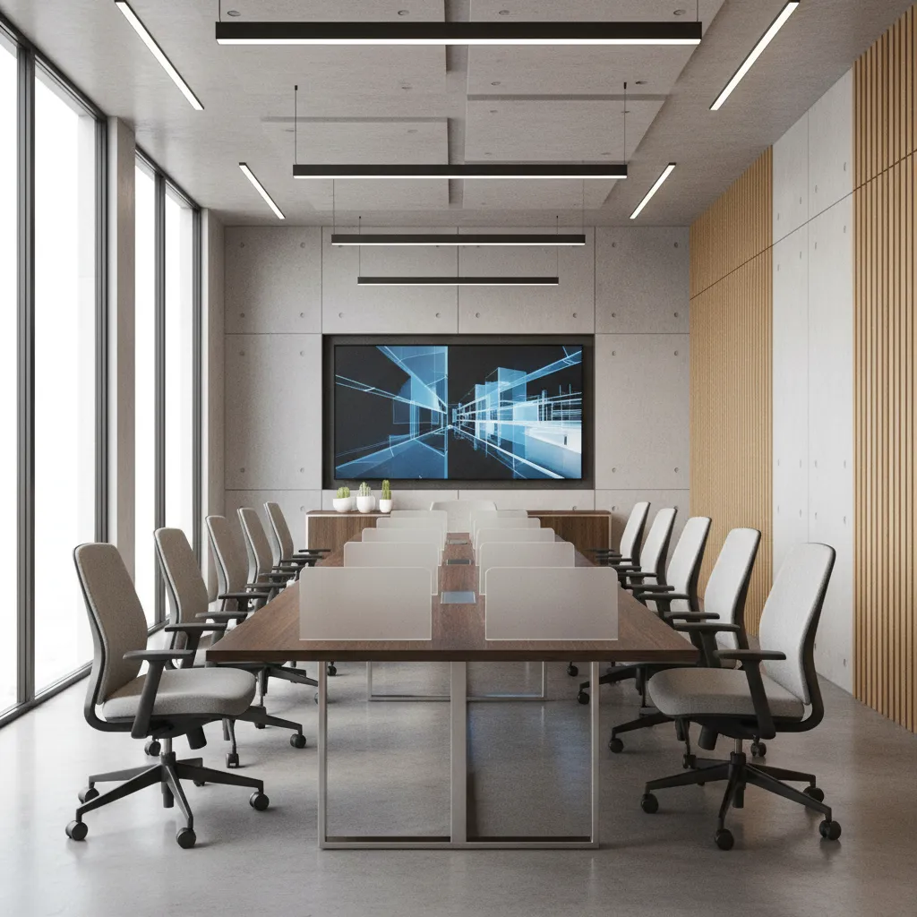 Large modern meeting room with long wooden table grey chairs digital screen and ceiling lights