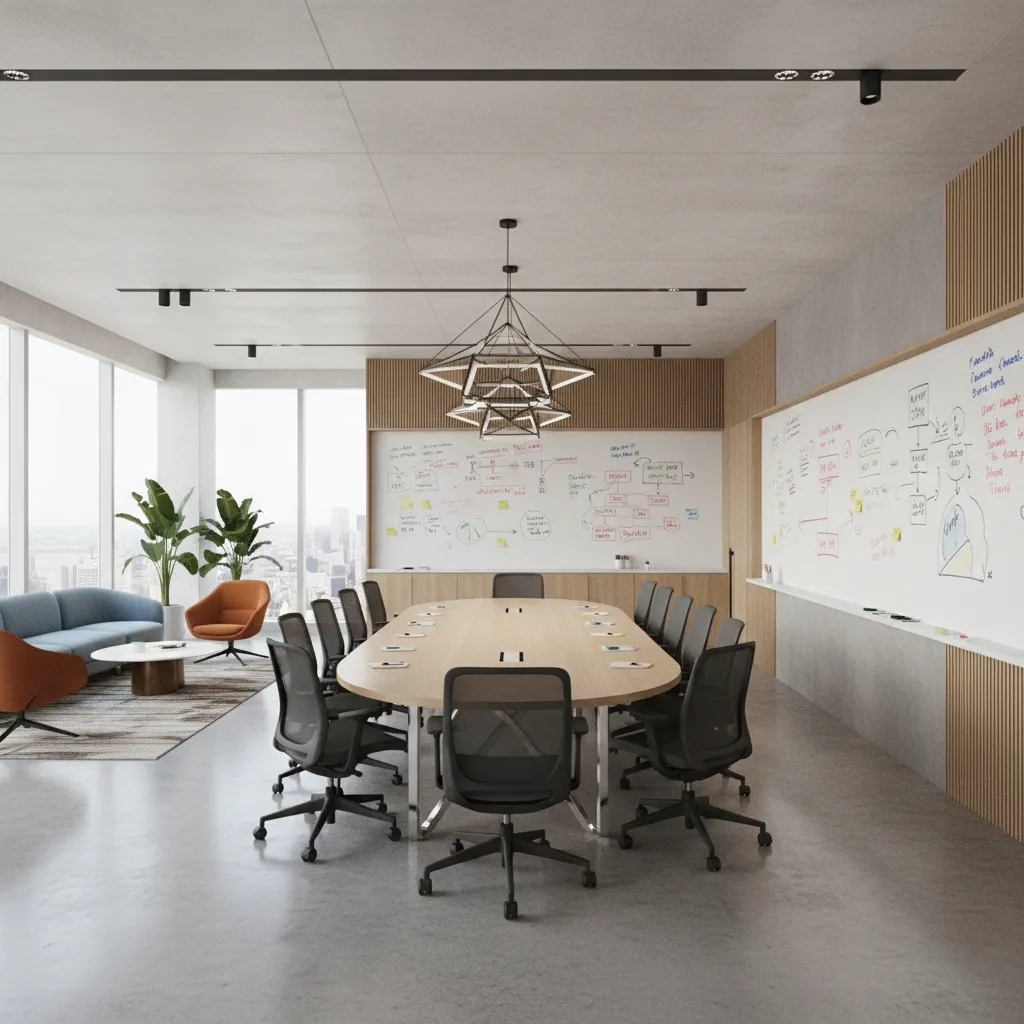 Meeting room with multiple collaboration zones and whiteboard areas