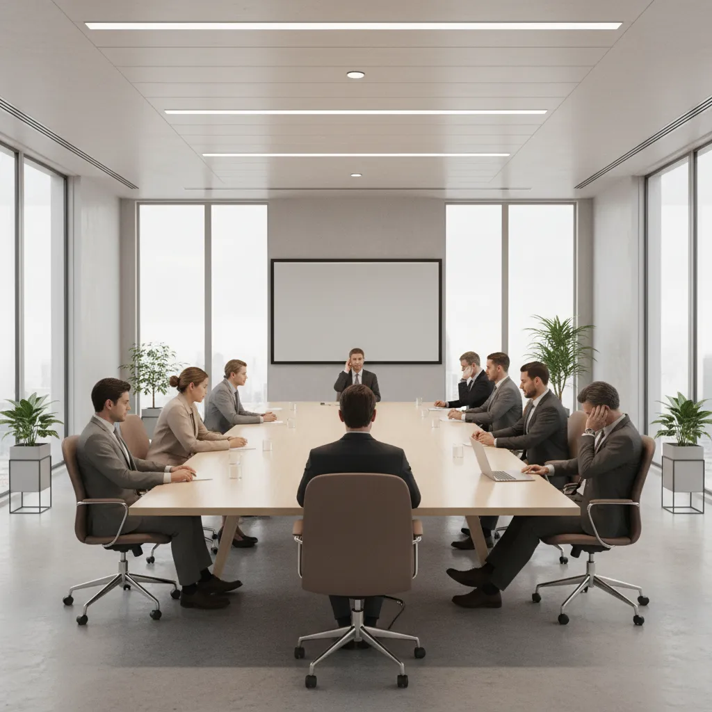 Spacious office meeting room with light wood table, people in suits, and large bright windows