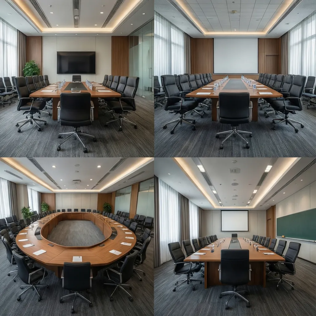 visual comparison of boardroom u-shape and classroom meeting room layouts
