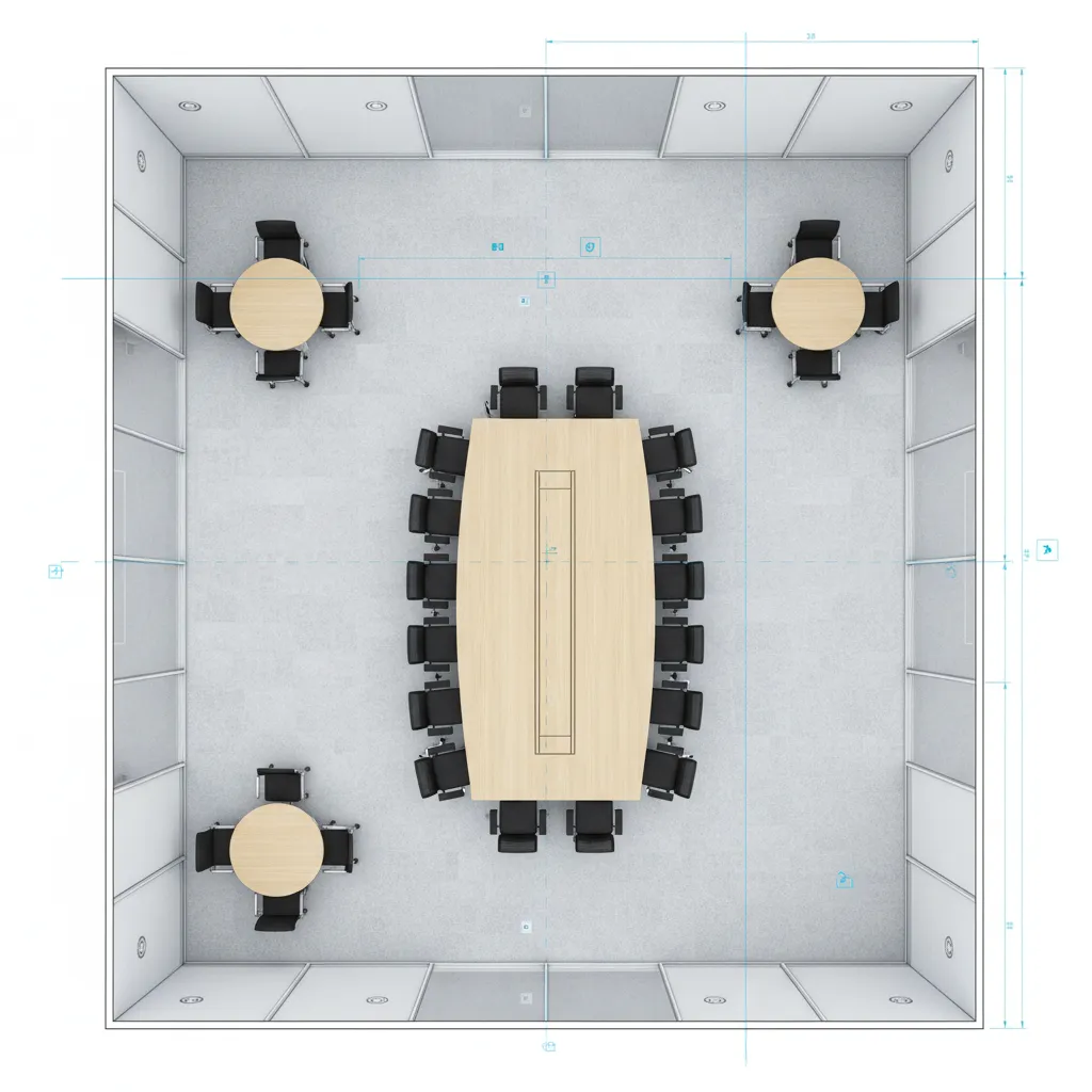 Digital meeting room layout planner interface with drag and drop furniture
