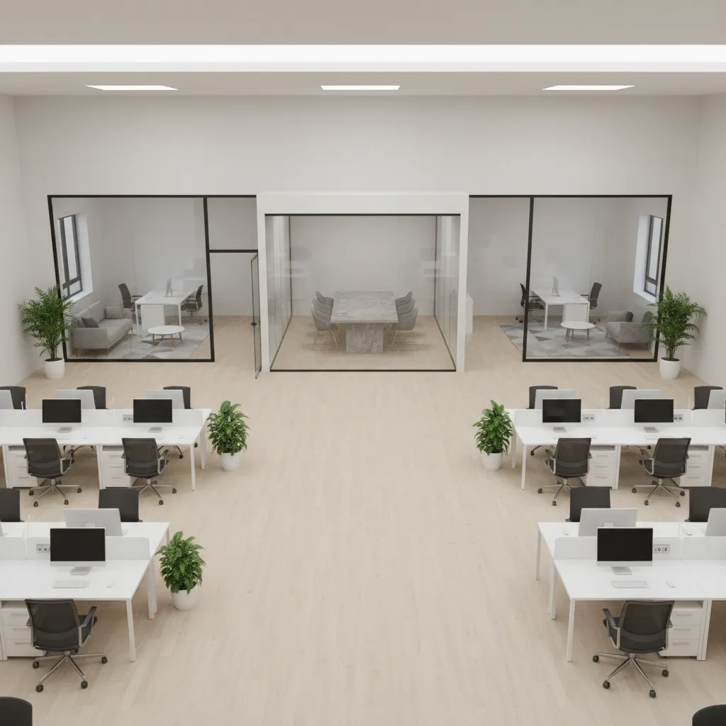 Office floor layout showing buffer corridor separating meeting room from open workspace