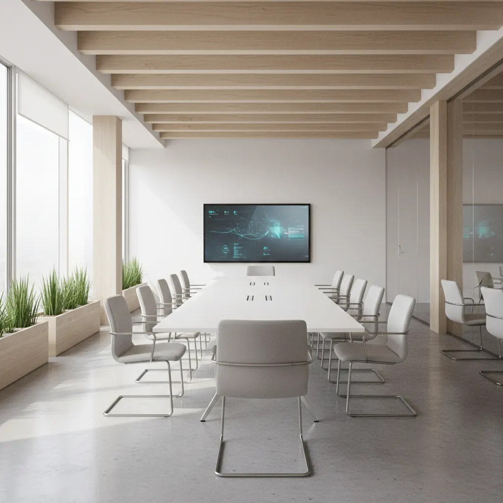 Conference room showing proper spacing between chairs tables and walking paths