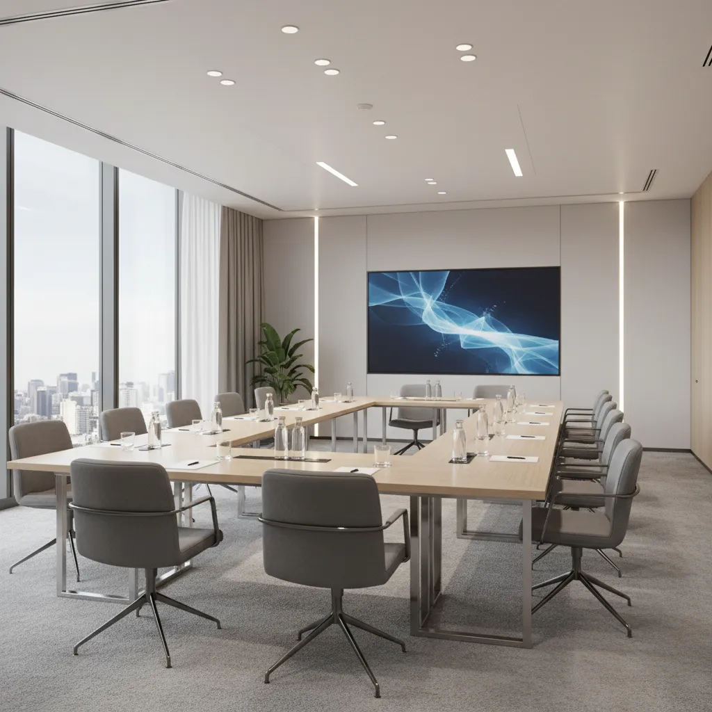 Conference room seating arrangement showing improved screen visibility for all participants