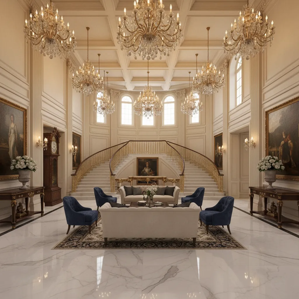Grand interior hall of a mega mansion with high ceilings and luxury finishes