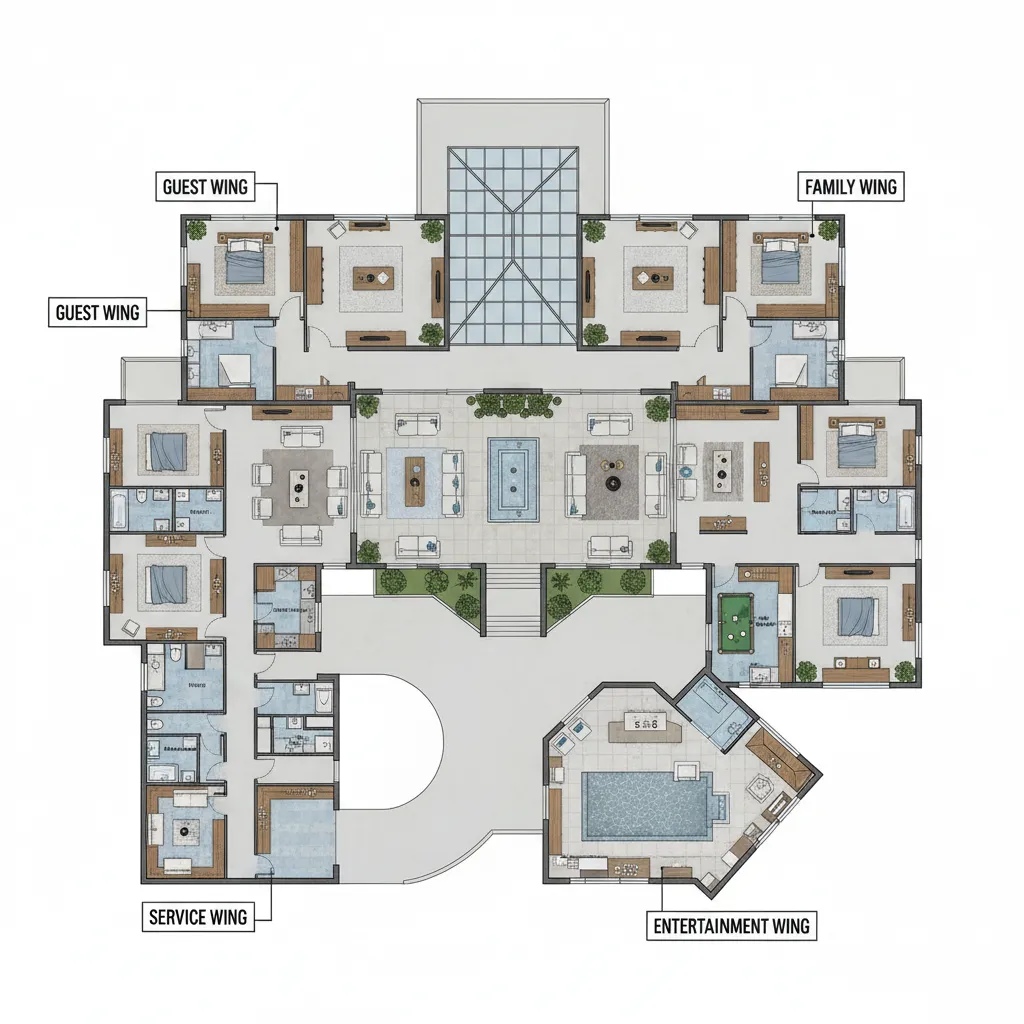 Mega mansion floor plan divided into functional wings