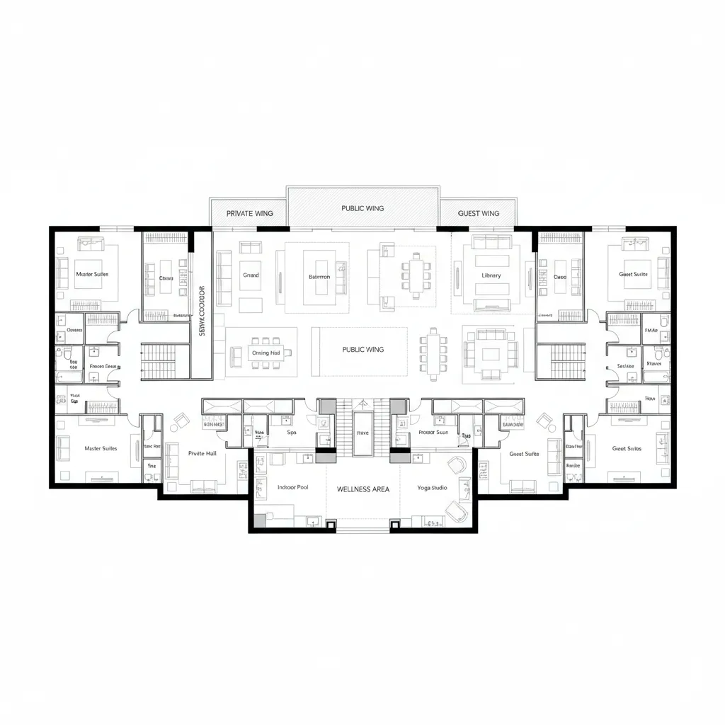 Concept diagram showing zoning layout for a 20000 sq ft luxury mansion