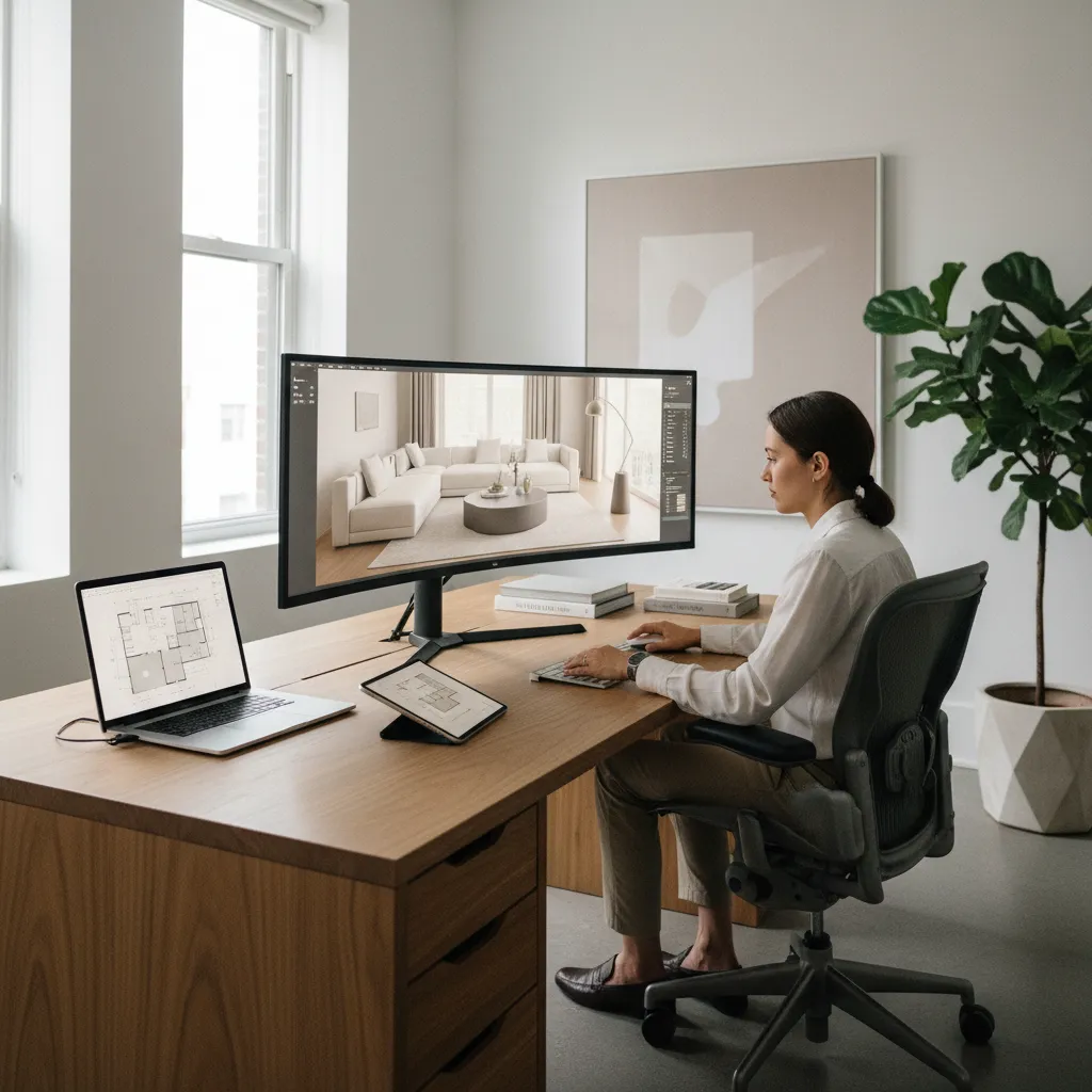 Interior designer working on a home design software using a large monitor and a laptop