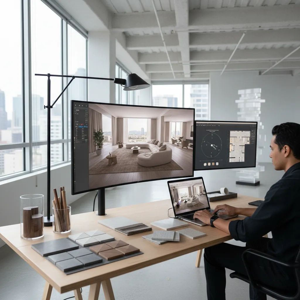 Designer using laptop and monitors to create interior design drawing in modern office workspace setup
