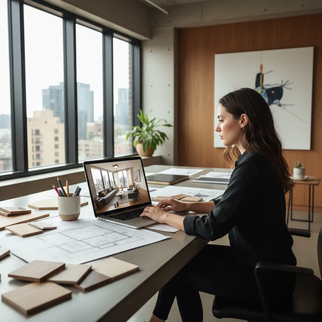 Designer using laptop with interior design drawing beside paper floor plans and wood material samples