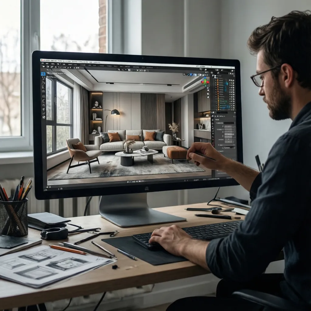 Designer using a computer to create an interior design drawing of a modern living room