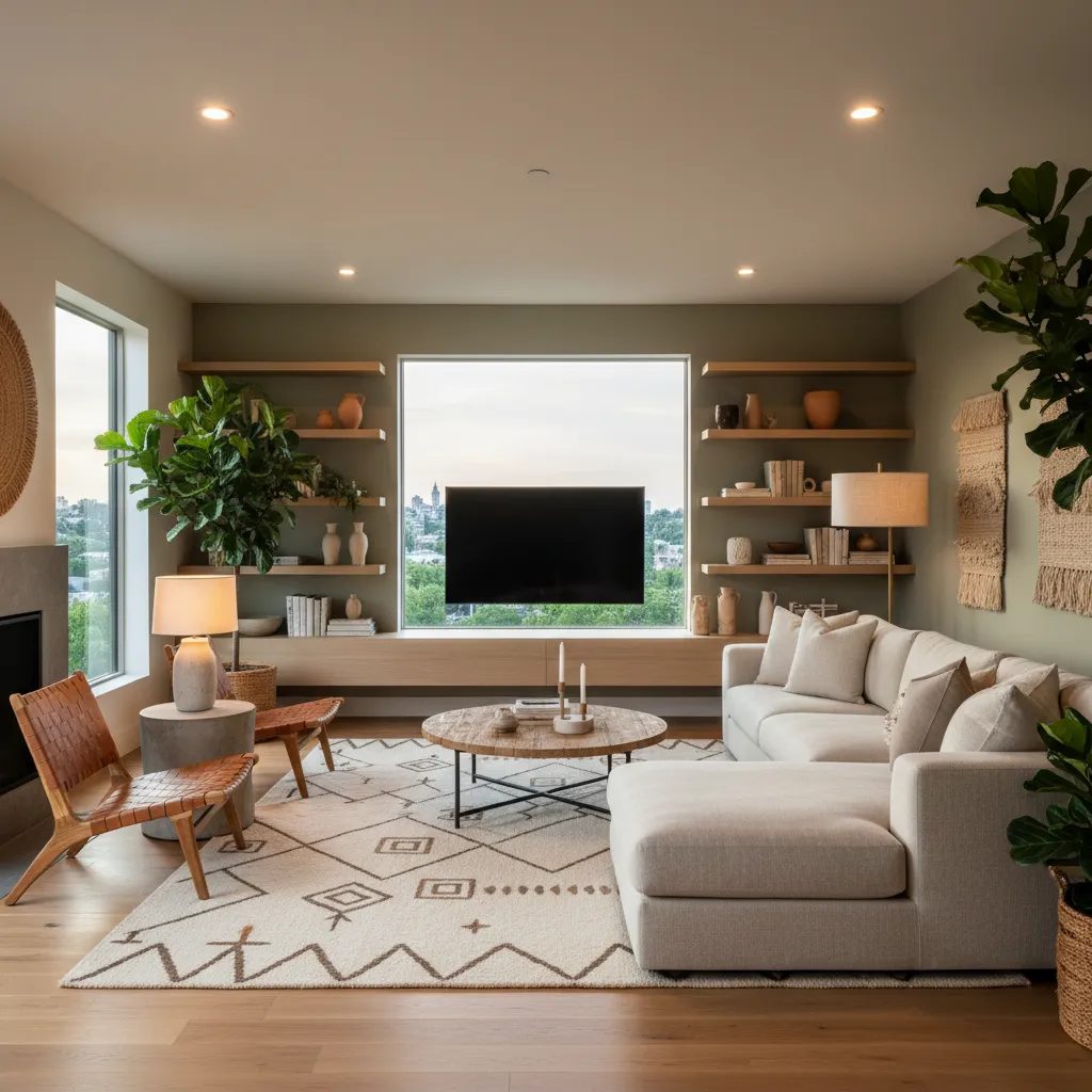 Cozy living room with cream sofa, wooden coffee table, patterned rug, wall shelves, and television