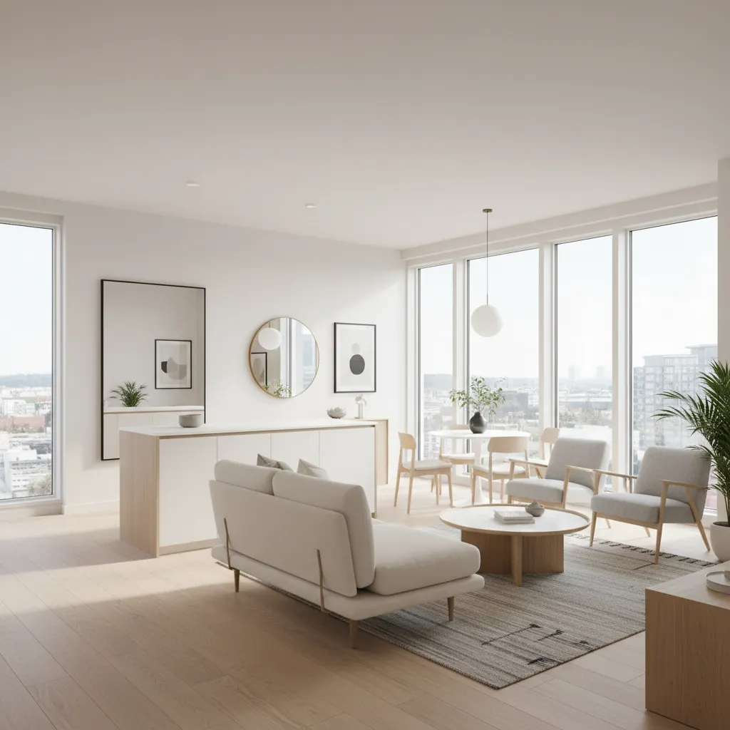 Open plan living area with white sofa grey armchairs kitchen cabinet and windows city views