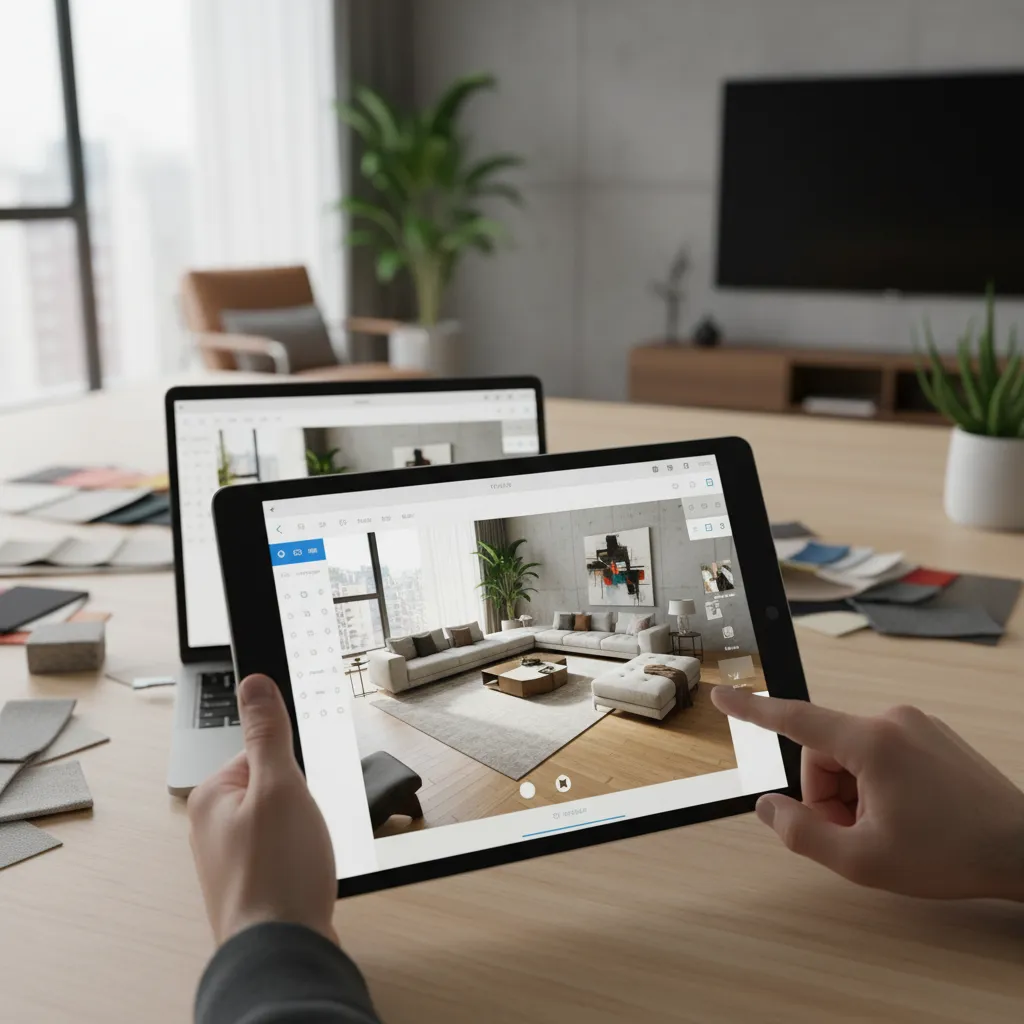 Hands using a tablet to edit a modern living room interior design on a desk