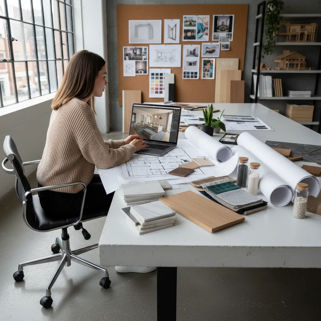Woman sitting at desk with laptop floor plans and material samples creating interior design drawing