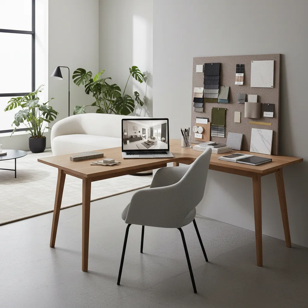 Wooden desk with laptop mood board and material samples next to grey chair in office
