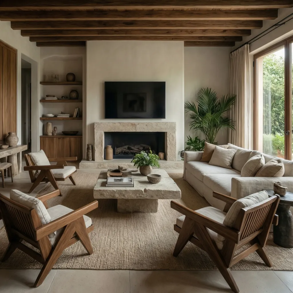 Warm living room with wooden ceiling beams stone fireplace white sofa wooden chairs and plants