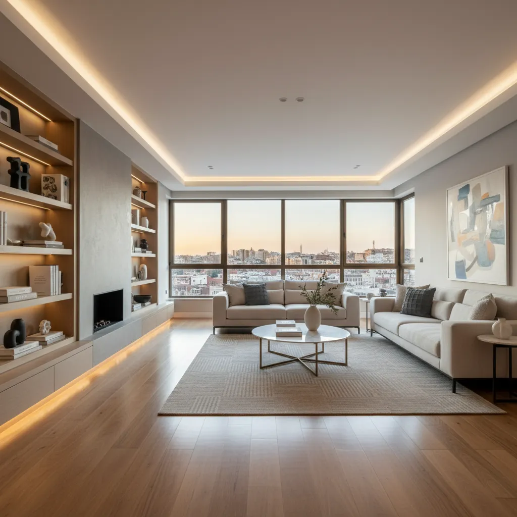 Spacious living room with white sofas coffee table rug and built in shelves with lights