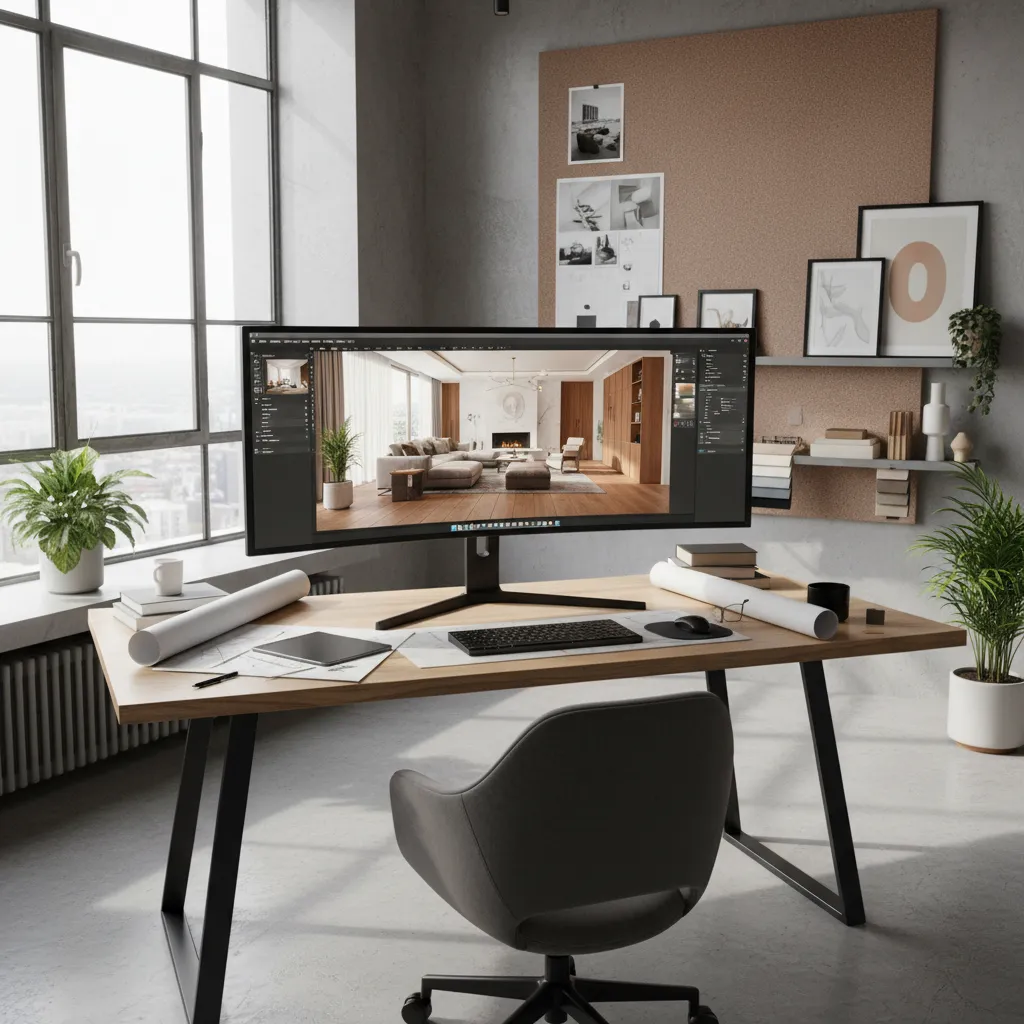 Ultrawide monitor on a wooden desk showing a living room design in a bright workspace