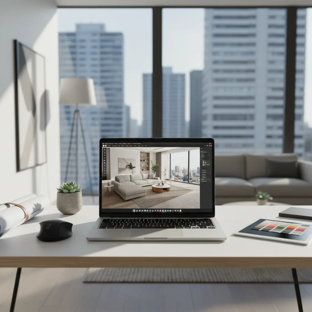 Laptop showing Coohom interior design drawing software on desk with tablet and a color palette