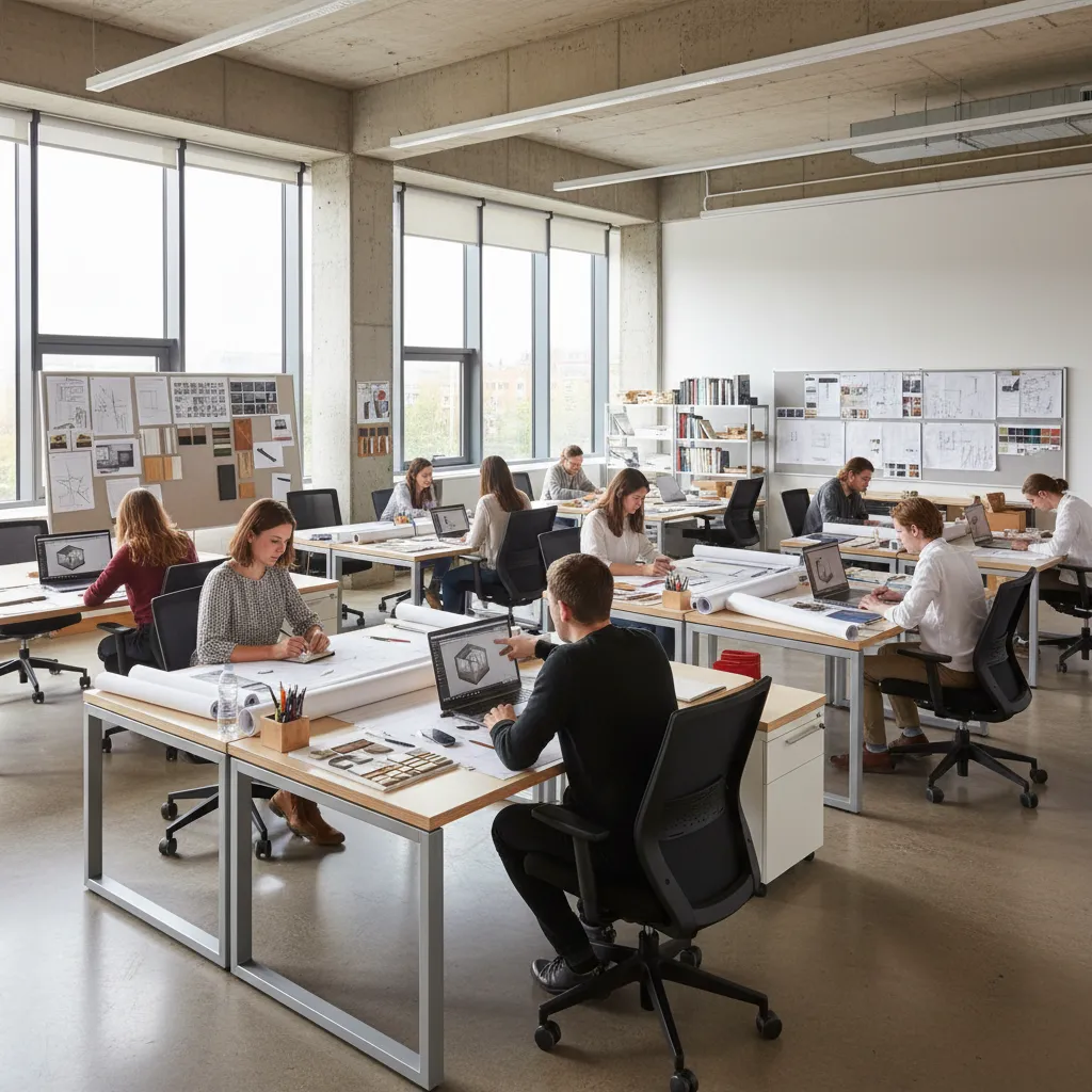 People working at desks with laptops and interior design drawings in a bright modern office