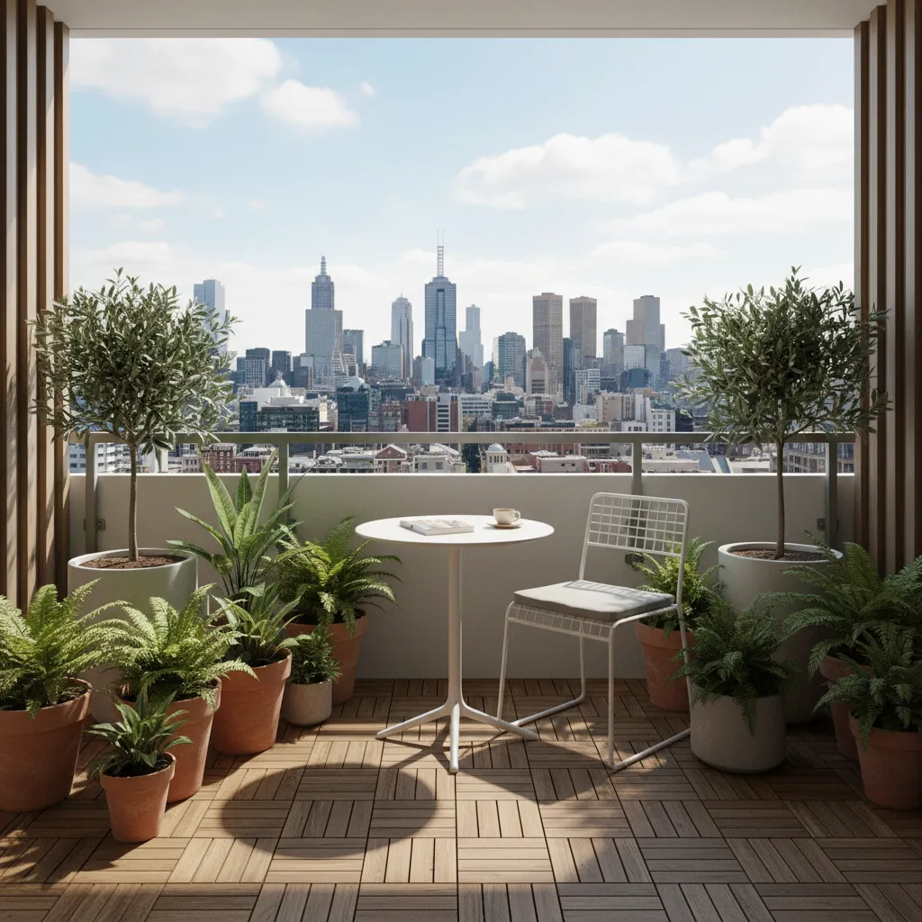 Small Melbourne apartment balcony transformed with plants and seating