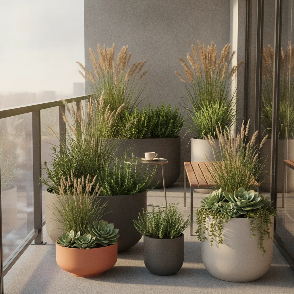 Container plants suited for Melbourne balconies including native grasses and herbs