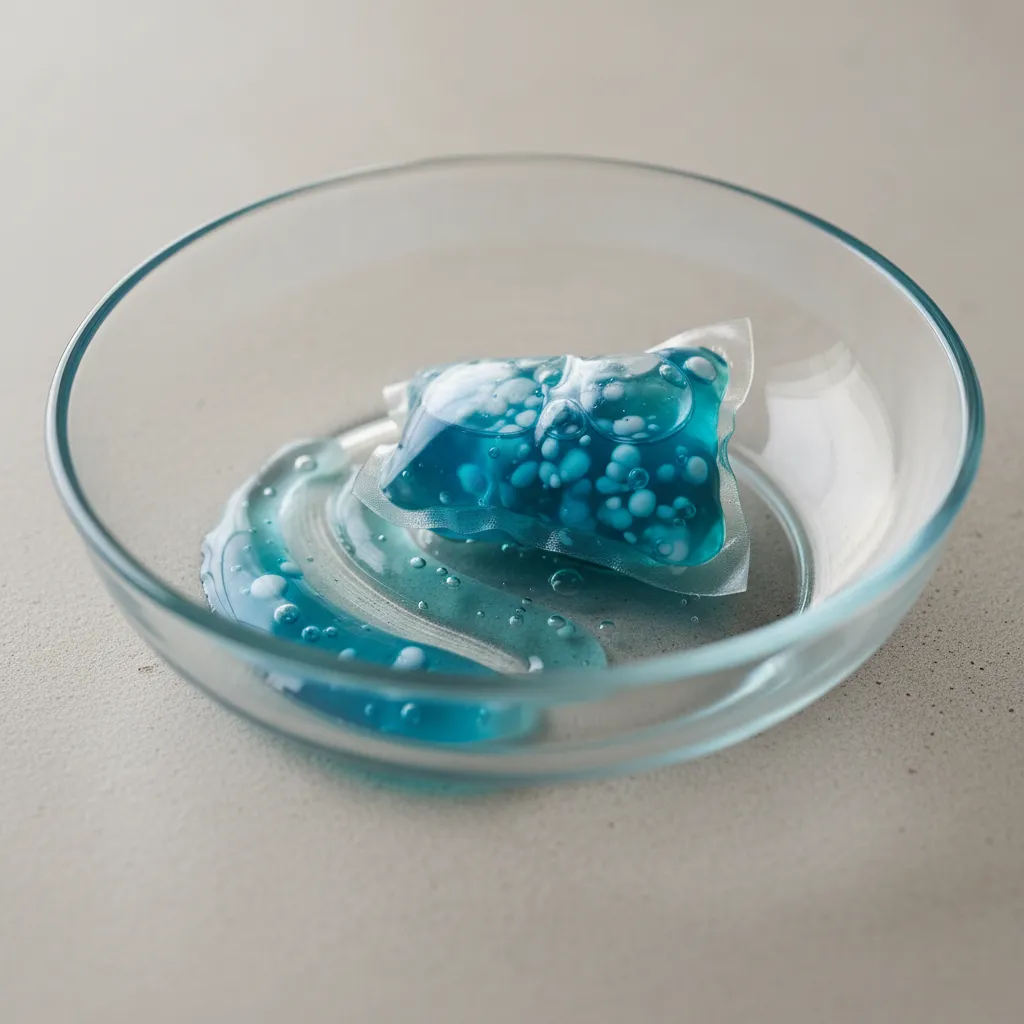 Laundry pod partially melted in container showing detergent residue