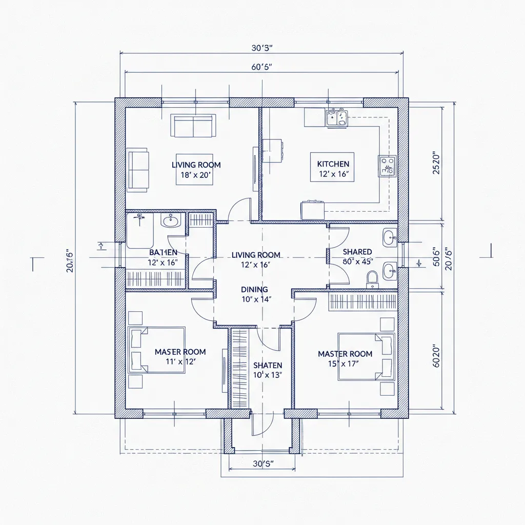 Interior design drawing showing a three bedroom house with kitchen, living room, and dining room