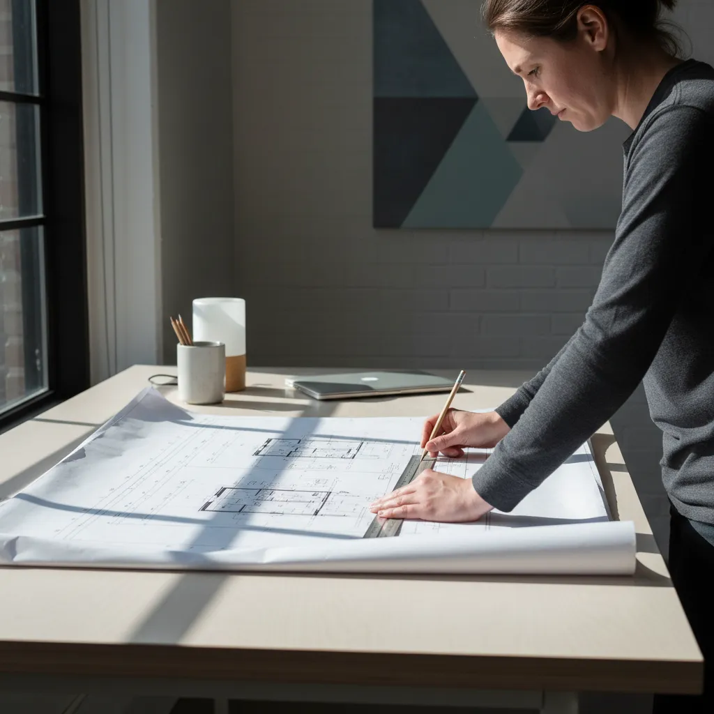 Person using ruler and pencil to draw house floor plan on paper near bright window