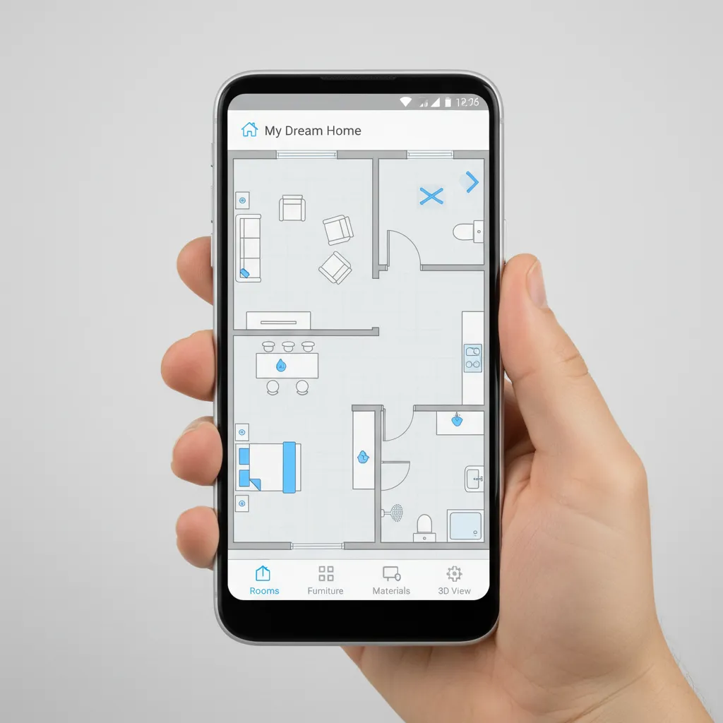 Tampilan aplikasi denah rumah di smartphone dengan layout ruangan