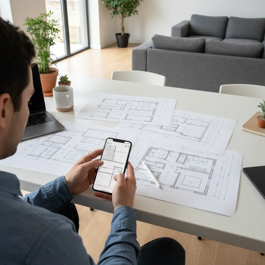 Seseorang merancang denah rumah di smartphone