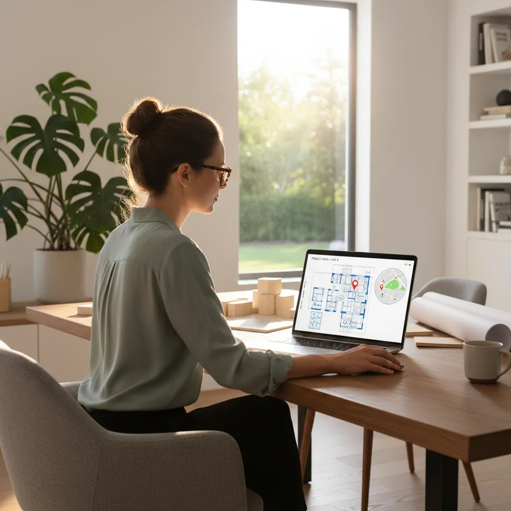 Seseorang membuat denah lokasi rumah menggunakan software desain di laptop