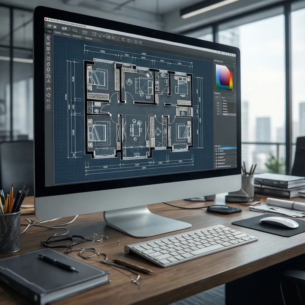 Computer screen showing floor plan design software on wooden desk with keyboard and professional tools