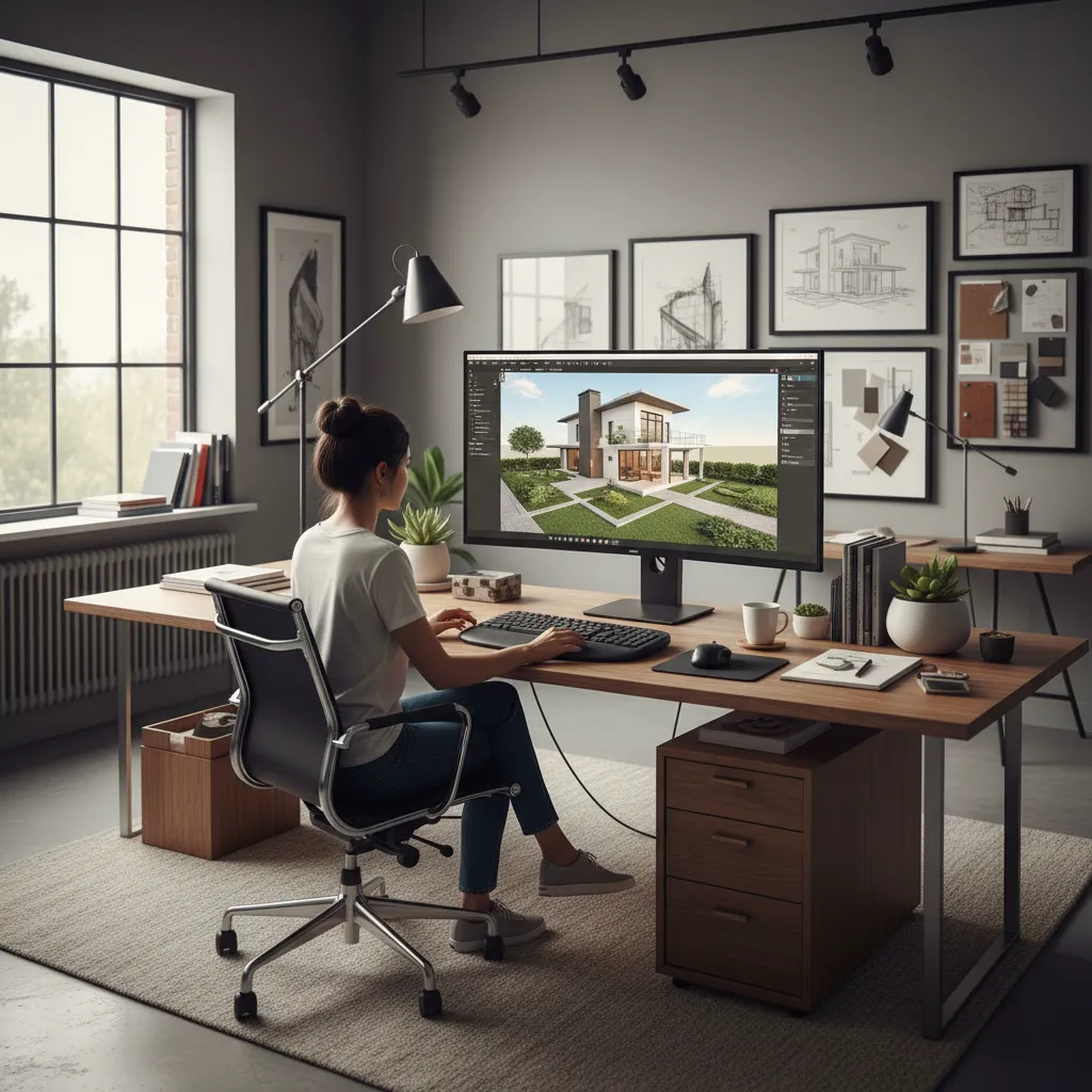 Designer sitting at a desk using a computer to create a 3D house design drawing