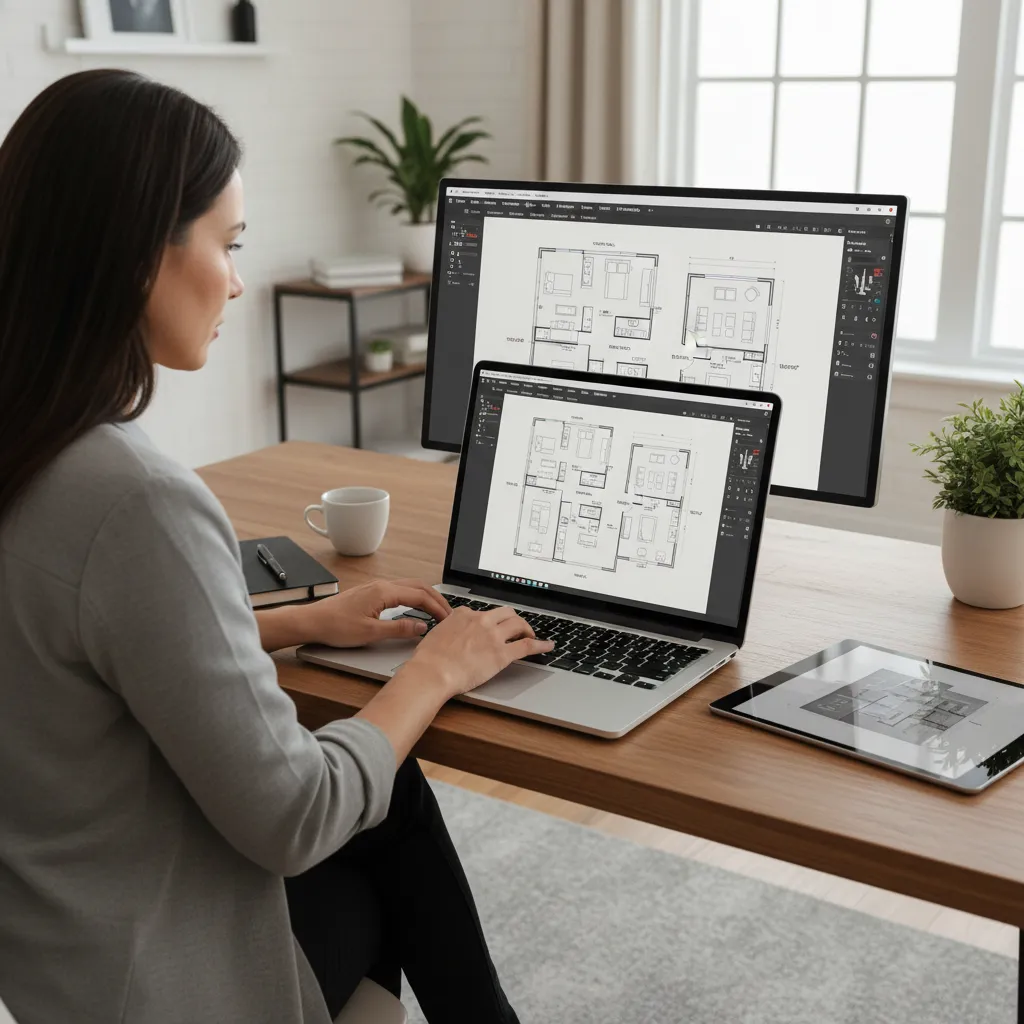 Seseorang membuat denah rumah menggunakan laptop