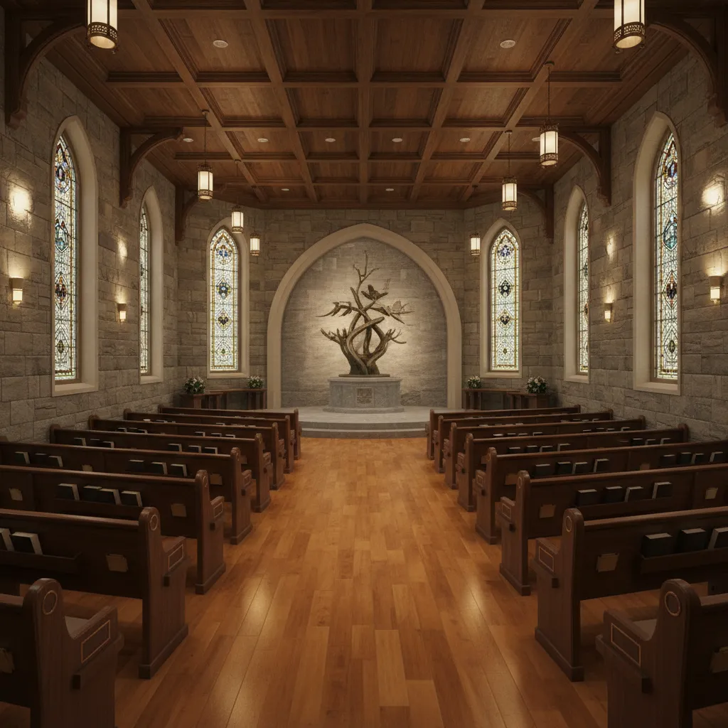 Memorial chapel interior with central aisle and forward facing seating