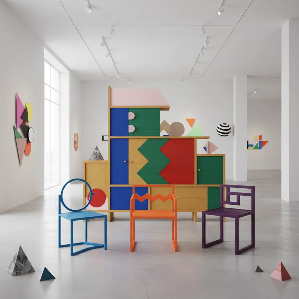 Memphis style furniture using laminate wood and colorful powder coated metal