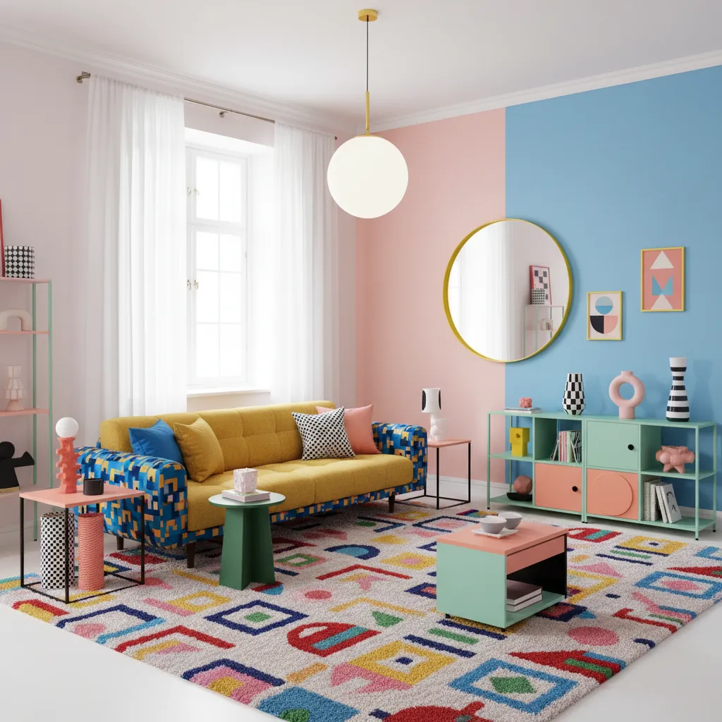 Affordable Memphis style room design with bold rug and colorful furniture