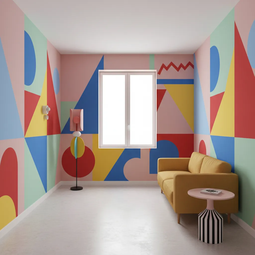 Small room with Memphis style color block wall and geometric decor
