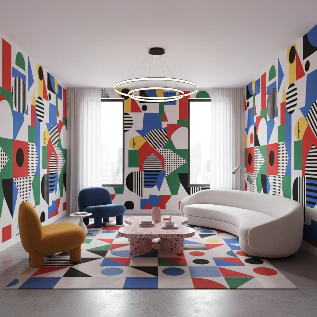 Interior showing Memphis geometric patterns and color blocking in a modern layout