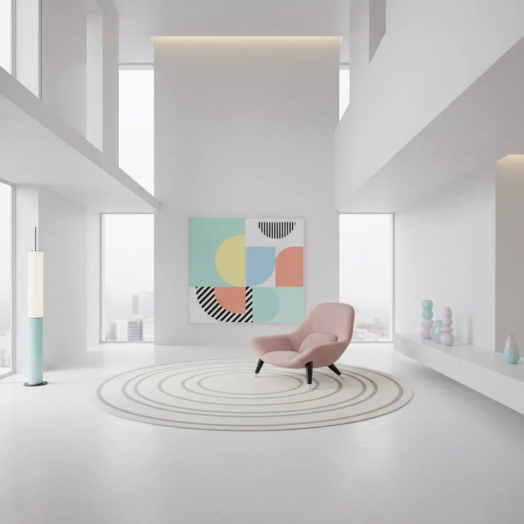Interior blending Memphis design elements with minimalist architecture