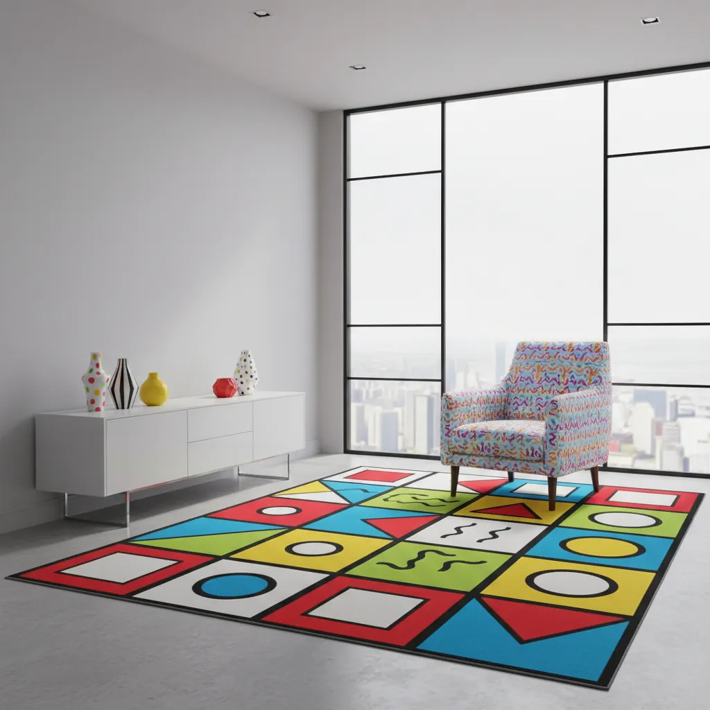 Memphis interior showing large medium and small geometric patterns used together
