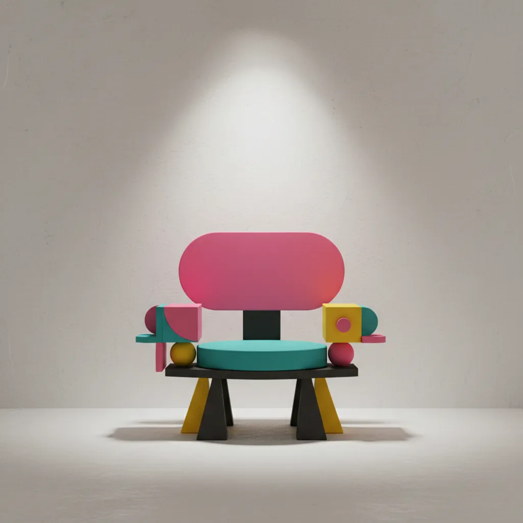 Bold Memphis style statement chair with geometric shapes and bright colors