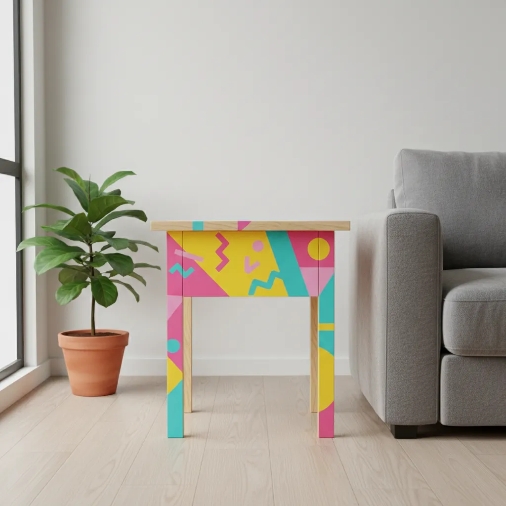 DIY Memphis style side table with colorful geometric paint pattern
