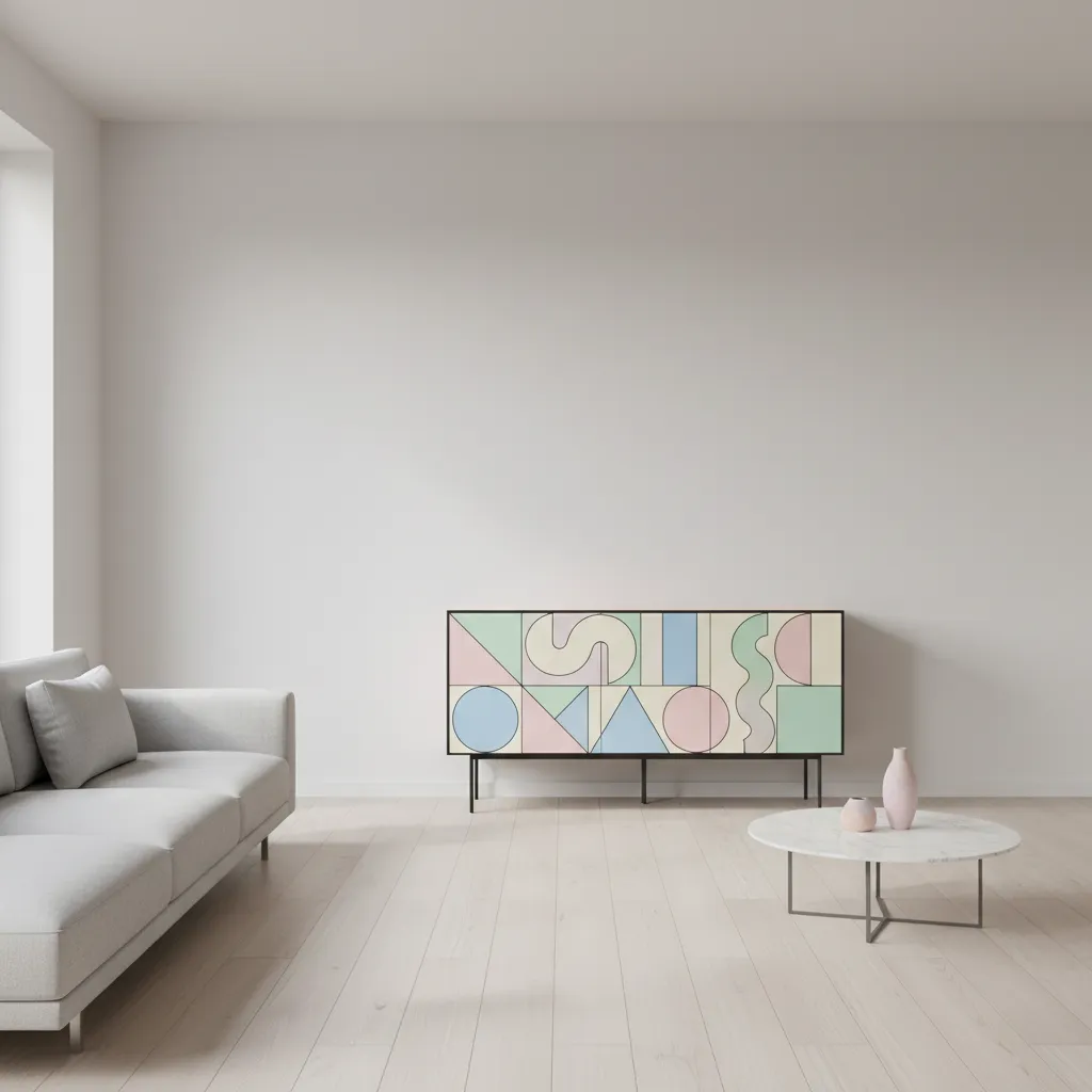 Modern living room with a single Memphis style statement furniture piece